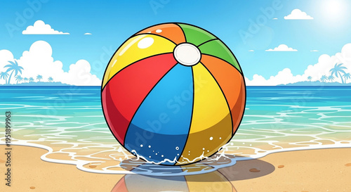 A colorful beach ball sitting on a sunny beach shore