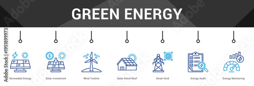 Green Energy  Modern and clean web banner illustration vector featuring thematic icons
