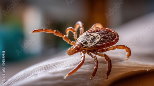 A detailed macro photograph of a brown tick with eight legs is shown in sharp focus on a blurred background.