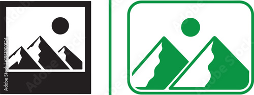 Two mountain landscape icons. The left is a black silhouette set within a polaroid-style frame; the right is a green version with a solid sun and peaks, enclosed in a rounded square border.