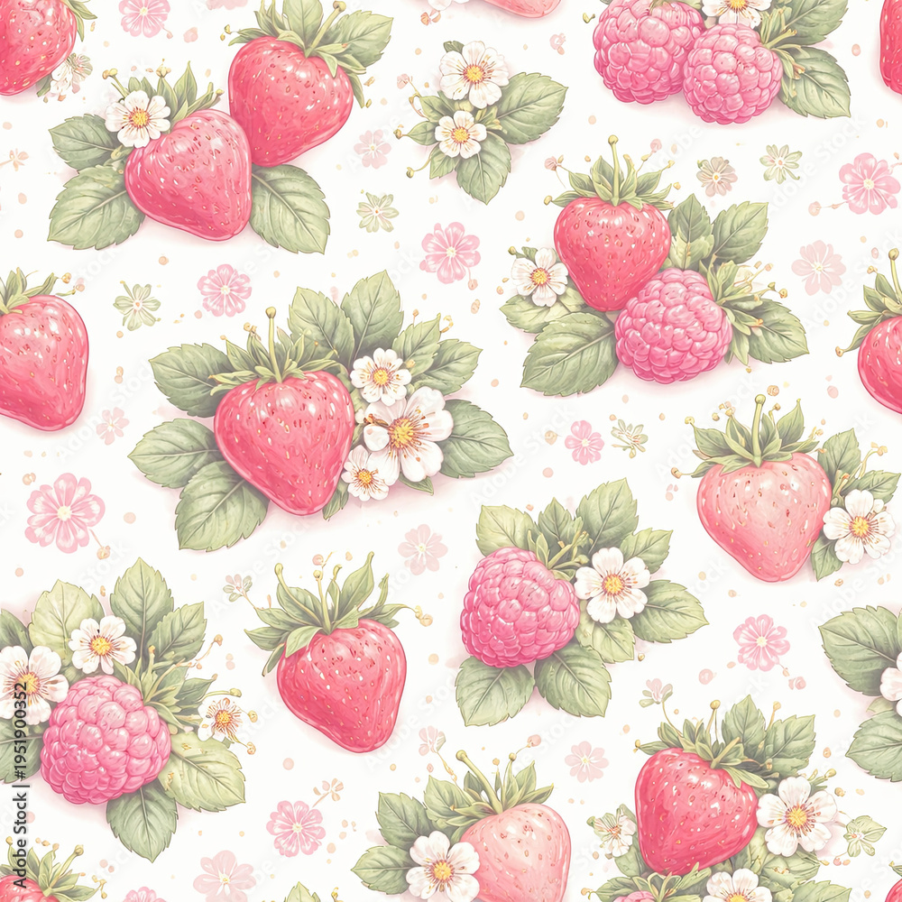 Fototapeta premium Cottage fruit garden seamless pattern with strawberries lemons cherries and floral botanical elements vintage style
