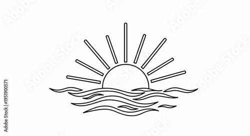 Depicting a Sunrise Over Wavy Waters This Outline Graphic is Perfect for Nautical and Nature Related Designs Representing Hope New Beginnings and the Serenity of the Ocean Environment