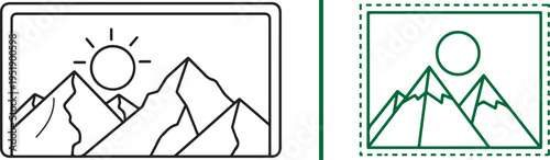 Two landscape icons in line-art style. The left features black mountains and a sun with rays in a rounded frame; the right is a forest green version within a dashed rectangular border.
