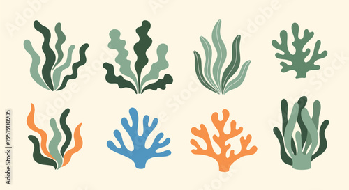 Botanical Set with Green Orange and Blue Algae An Artful Collection for Graphic Projects Ideal for Design Templates Textile Prints or Decorative Wall Elements with a Natural Touch Suitable for