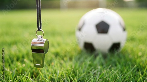 A soccer ball and a whistle on a grassy field