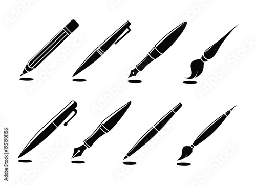 Writing Tools Icons Pen Pencil Marker Paintbrush Art Design Drawing Creative Equipment Stationery Illustration Vector Set Graphic Artist Supply