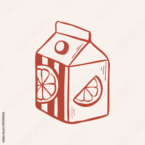 Hand-drawn vector citrus juice in carton. Sketch line illustration of juice box for logo, sticker, or advertising. Outline clip art of an orange drink isolated on a creamy background.