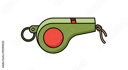 A green whistle with a red button and keychain attached