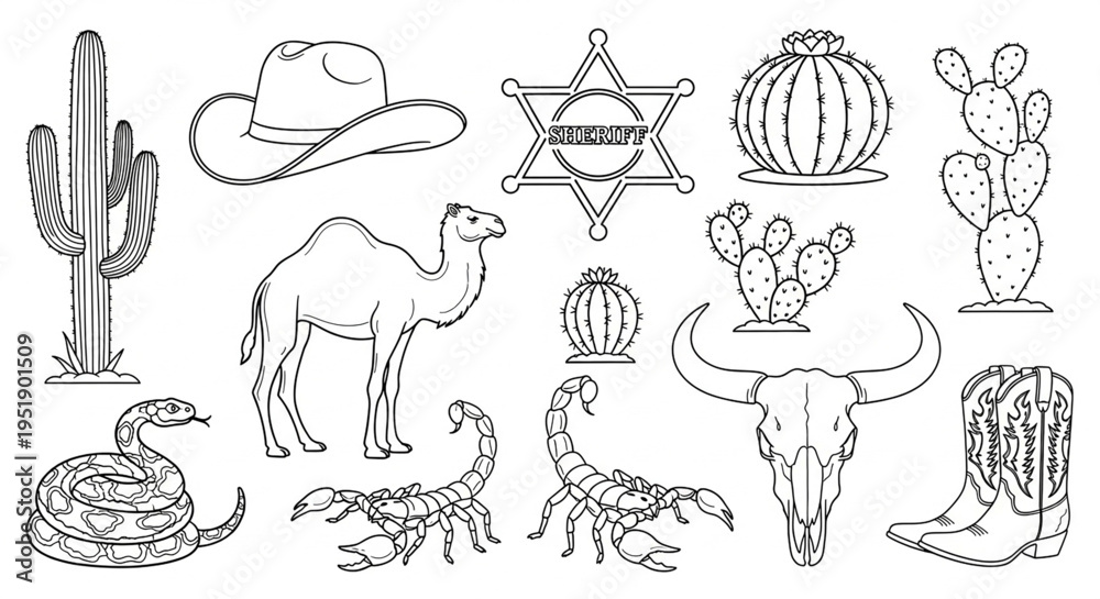 Obraz premium A black and white vector graphic illustration of various western themed icons and symbols.