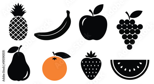 Collection of Fresh Fruits A Black and Orange Fruit Silhouette Assortment with Pineapple Banana Apple Grapes Pear Orange Strawberry and Watermelon for Food Related Concepts and Healthy Life
