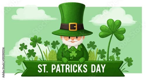 St. Patrick's Day vector illustration with a cute leprechaun wearing a green top hat, surrounded by shamrocks and a banner with text, perfect for holiday promotions and festive designs