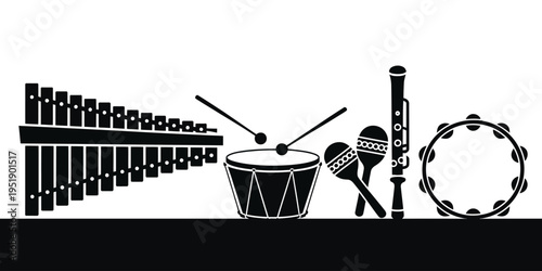 Musical instruments icons illustration, black and white vector set featuring xylophone, drum, maracas, recorder, and tambourine simple outline symbols.