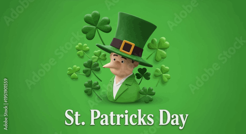 St. Patrick's Day vector illustration with a cartoon leprechaun wearing a green top hat and surrounded by shamrocks on a vibrant green background, perfect for holiday promotions and festive