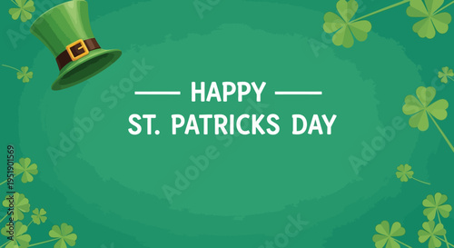 Happy St. Patrick's Day vector background with green leprechaun hat and scattered shamrocks on a vibrant green backdrop, ideal for festive greetings and holiday promotions.