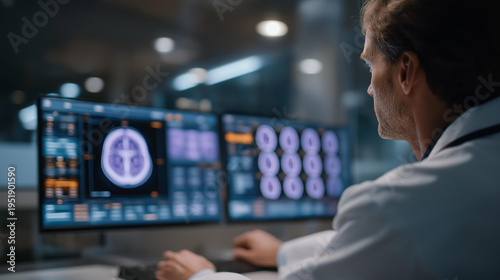 Healthcare AI analyzing patient brain scans on multiple transparent displays, neural pathways highlighted in purple and orange showing early disease detection algorithms, perfect for medical