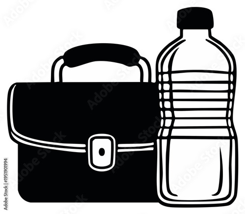 Business Briefcase and Water Bottle Icon Set in Black and White Line Art Style for Professional Use