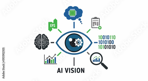 Exploring AI Vision Concepts Represented by an Eye Displaying Brain Activity Magnifying Glass for Data Analysis and Binary Code Interpreting Data Streams Symbolizing Deep Learning and Neural