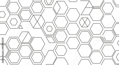 Abstract geometric pattern of hexagons and diamonds in monochrome.