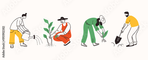 Farm agricultural workers or local farmers working in the garden, planting plants, taking care of plants, flowers and trees. Hand drawn simple ink vector illustration. No gmo, eco, healthy.
