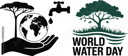 World water day logos with hand holding globe and tree