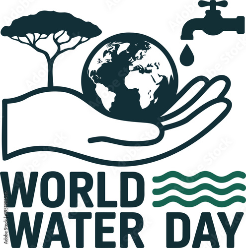 Green and dark green world water day illustration with earth and faucet