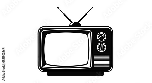 A stark black and white illustration depicts a vintage television set with rabbit ear antennas showcasing a blank screen