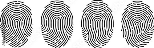 Four unique black human fingerprints displayed side by side on a clean white background