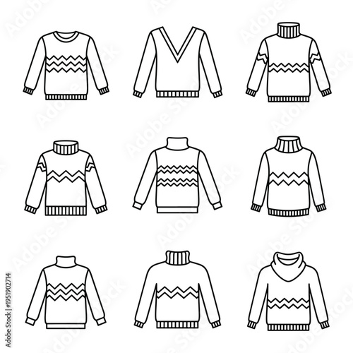 Collection of different style outline winter garment Several models of warm sweaters and pullovers with various necklines for cold weather Choice of comfortable casual upper clothing designs