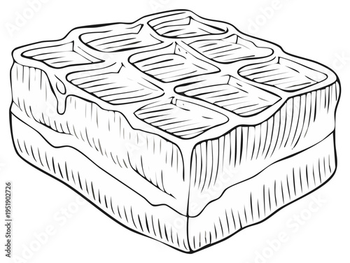 Monochrome outline drawing of a delicious rectangular waffle drizzled with sweet syrup topping