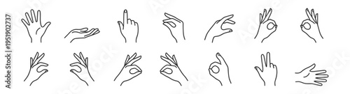 Set of hand gesture line icons isolated on transparent background