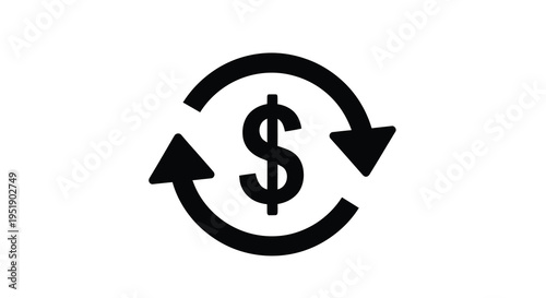 A simple black icon depicts a circular arrow pattern surrounding a prominent dollar sign symbol high quality professional detailed