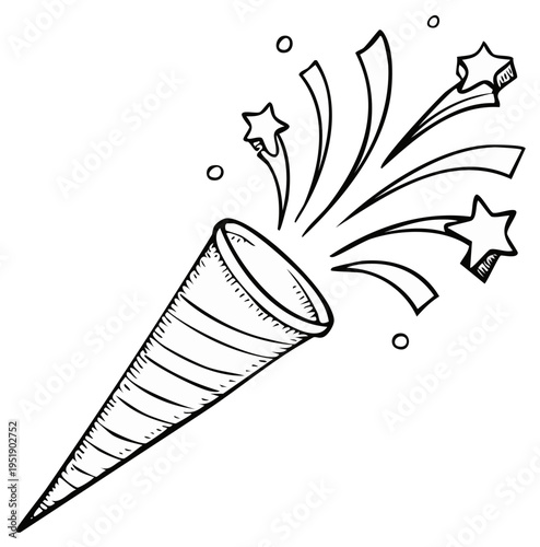 Drawn party popper exploding confetti stars and streamers illustration