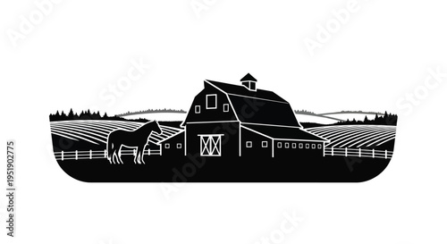 A vintage style illustration depicts a classic red barn with a horse grazing in a rural landscape high quality professional
