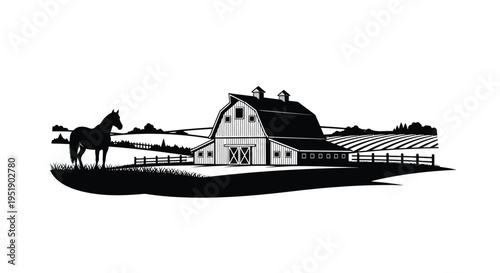 A striking black and white illustration depicts a classic american barn with a horse grazing peacefully nearby high quality