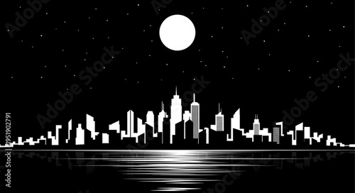 Cityscape Silhouette Under Full Moon and Stars.