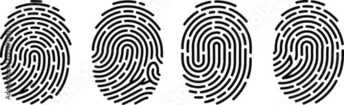 Four unique black human fingerprints displayed side by side on a clean white background