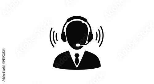 A simple black silhouette depicts a customer service representative wearing a headset with visible sound waves high quality professional
