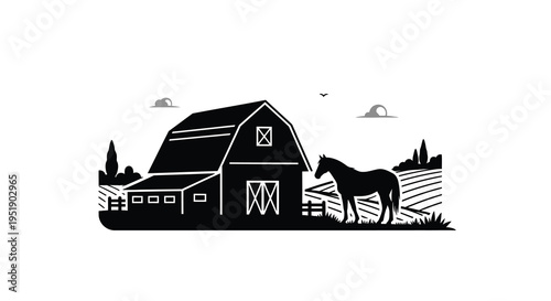 A minimalist black and white illustration depicts a classic barn scene with a horse grazing nearby set against mountains