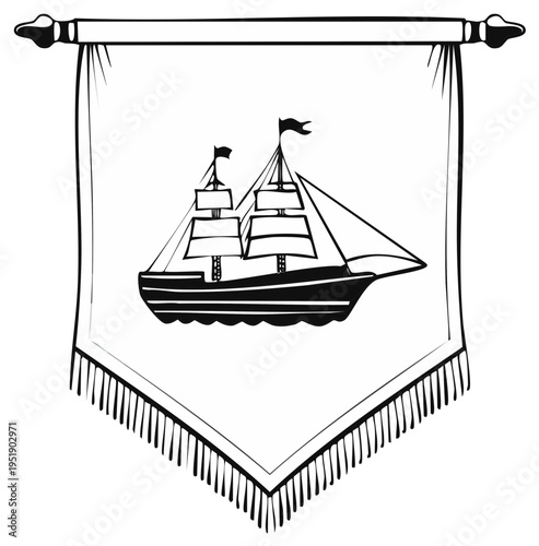 Hand drawn classic sailing ship illustration on an ornate hanging banner with decorative fringe and pole