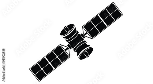 A simplified black and white illustration depicts a satellite in space showcasing its solar panels and cylindrical body high quality professional