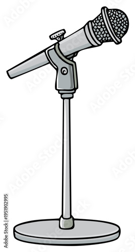 A cartoon style illustration of a classic vocal microphone on a floor stand ready for a performance