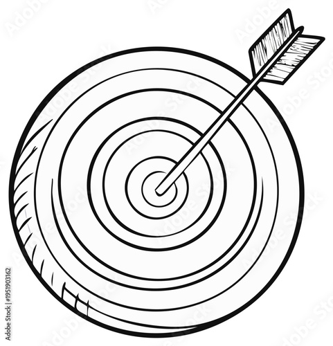Hand drawn target with an arrow hitting the bullseye illustrating goal achievement and precision success concept