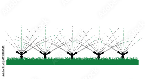 A simple black and white illustration depicts a row of five lawn sprinklers irrigating a vibrant green grassy area high quality