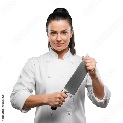 Female chef holding large kitchen knife, cooking professional isolated on white background