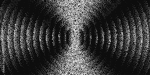 Noisy stippled grainy texture gradient background with concentric circle wave pattern. Abstract stipple dot sound wave banner. Minimalist ripples motion background. Retro dither noise circular ripple