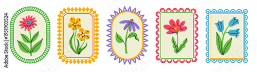 Decorative hand drawn floral frames with colorful borders and simple flowers. Playful ornamental compositions combining naive shapes, symmetry and bright details for a warm handcrafted look