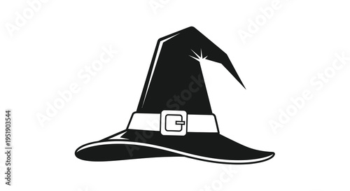 A stark black and white illustration depicts a classic witch s hat with a wide brim and a decorative buckle high quality