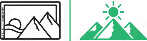 Two landscape icons: a black outline of mountains and a setting sun within a frame, and a vibrant green silhouette of peaks with a radiant sun positioned directly at the summit.