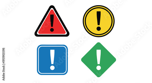 Four brightly colored warning signs featuring exclamation points presented in triangular circular square and diamond shapes high quality professional