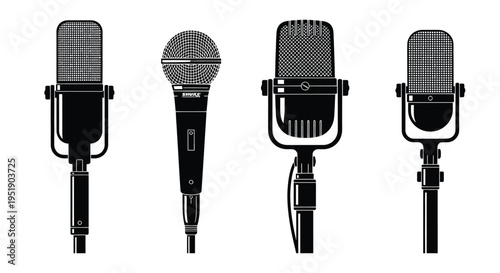 A collection of four vintage style microphones is displayed in a black and white silhouette illustration showcasing diverse designs